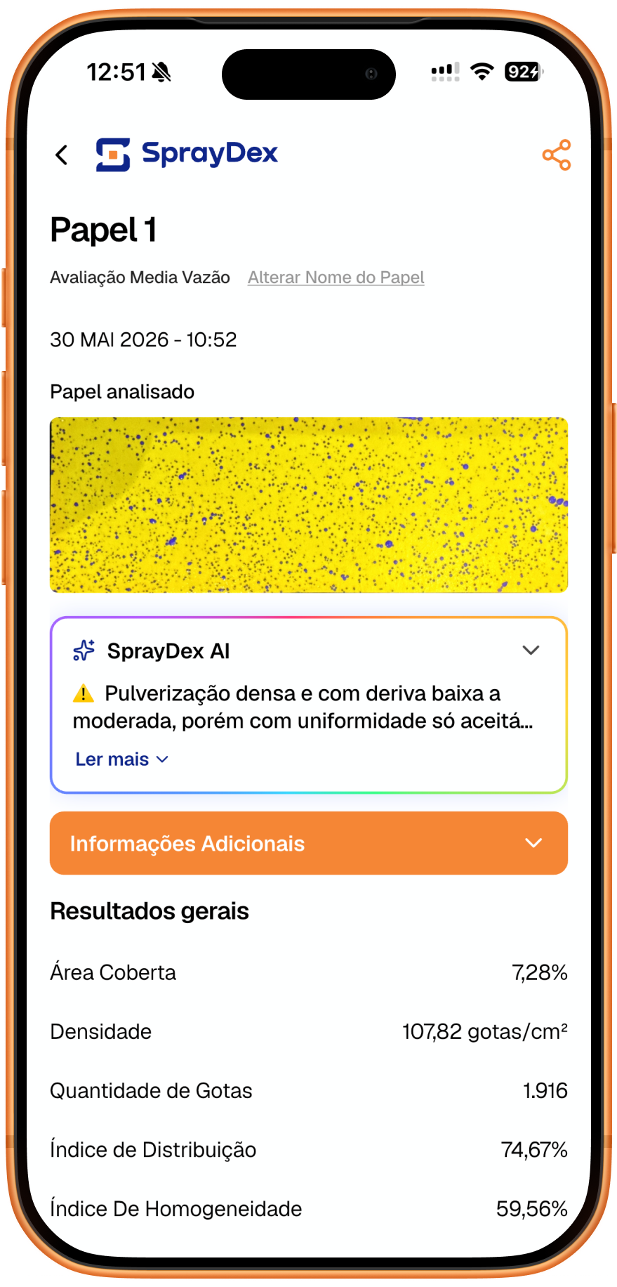 App Spraydex no iPhone exibindo a análise de um papel-teste