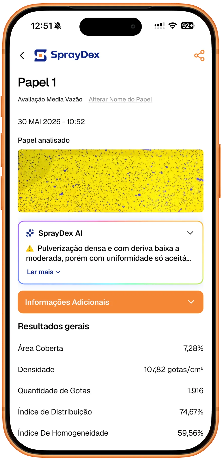 App Spraydex no iPhone exibindo a análise de um papel-teste